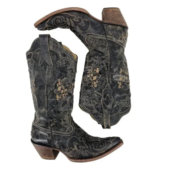 Corral Vintage Womens Size 6.5M Black Leather Cowboy Cowgirl Western Boots C2108